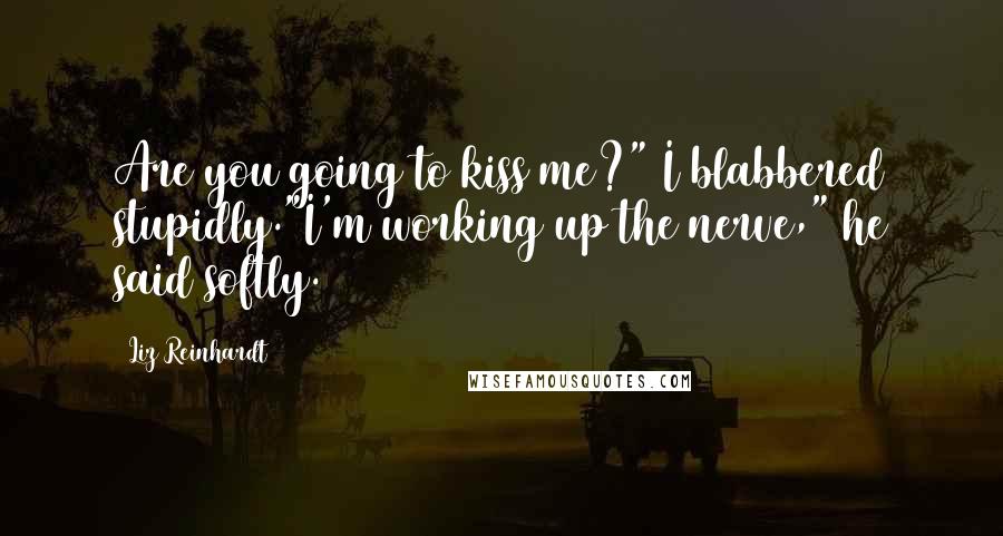 Liz Reinhardt Quotes: Are you going to kiss me?" I blabbered stupidly."I'm working up the nerve," he said softly.