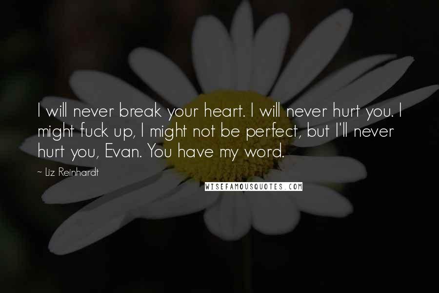 Liz Reinhardt Quotes: I will never break your heart. I will never hurt you. I might fuck up, I might not be perfect, but I'll never hurt you, Evan. You have my word.