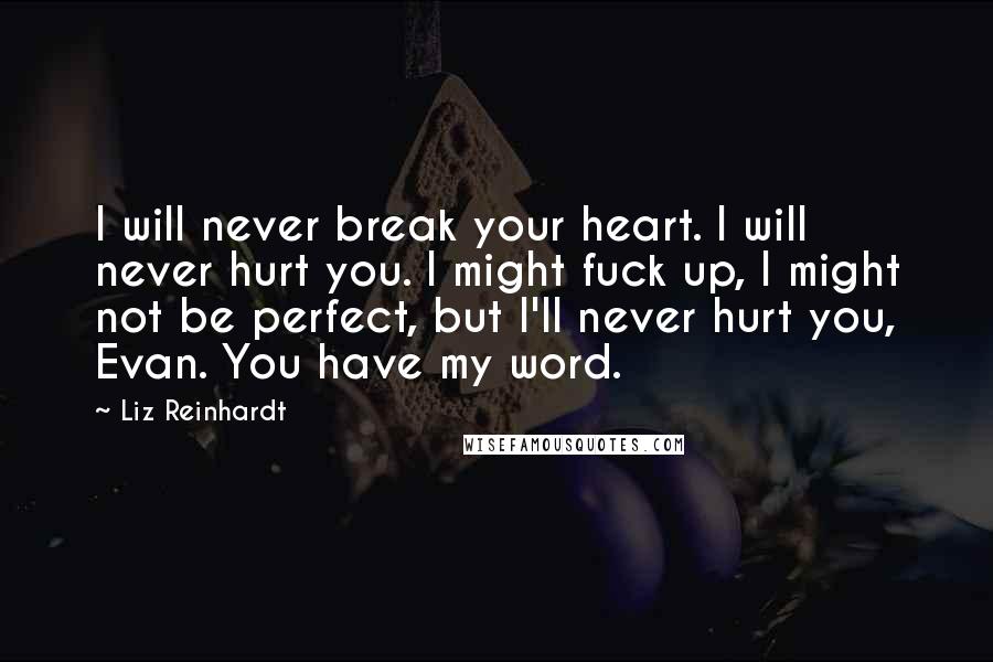 Liz Reinhardt Quotes: I will never break your heart. I will never hurt you. I might fuck up, I might not be perfect, but I'll never hurt you, Evan. You have my word.