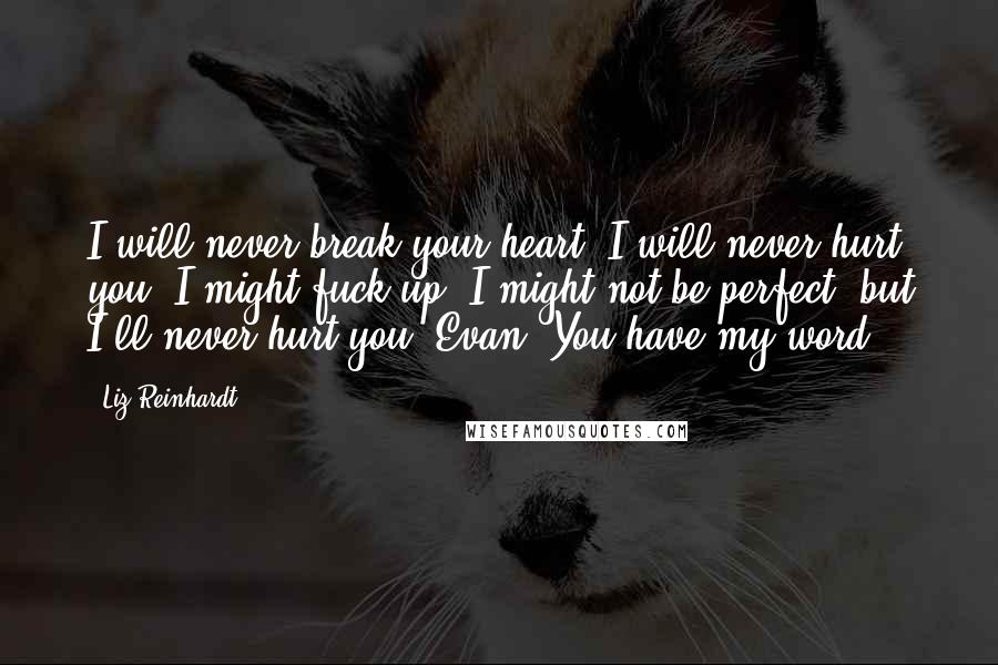 Liz Reinhardt Quotes: I will never break your heart. I will never hurt you. I might fuck up, I might not be perfect, but I'll never hurt you, Evan. You have my word.