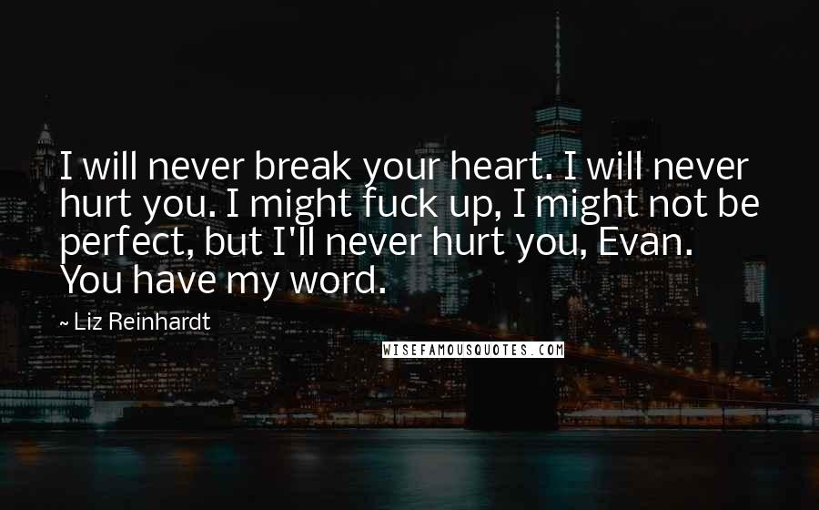 Liz Reinhardt Quotes: I will never break your heart. I will never hurt you. I might fuck up, I might not be perfect, but I'll never hurt you, Evan. You have my word.