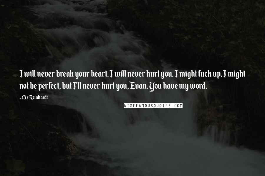 Liz Reinhardt Quotes: I will never break your heart. I will never hurt you. I might fuck up, I might not be perfect, but I'll never hurt you, Evan. You have my word.