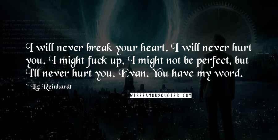 Liz Reinhardt Quotes: I will never break your heart. I will never hurt you. I might fuck up, I might not be perfect, but I'll never hurt you, Evan. You have my word.