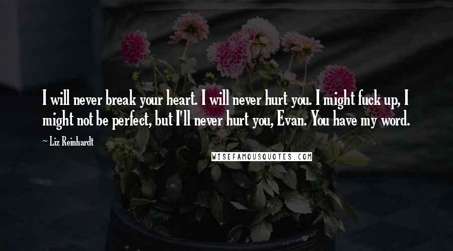 Liz Reinhardt Quotes: I will never break your heart. I will never hurt you. I might fuck up, I might not be perfect, but I'll never hurt you, Evan. You have my word.