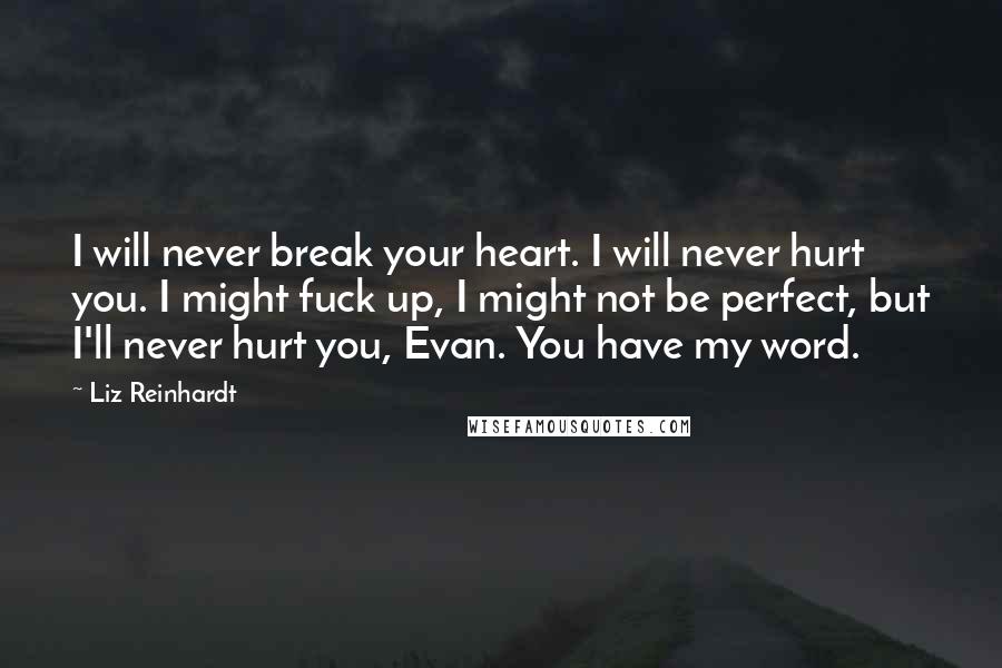 Liz Reinhardt Quotes: I will never break your heart. I will never hurt you. I might fuck up, I might not be perfect, but I'll never hurt you, Evan. You have my word.