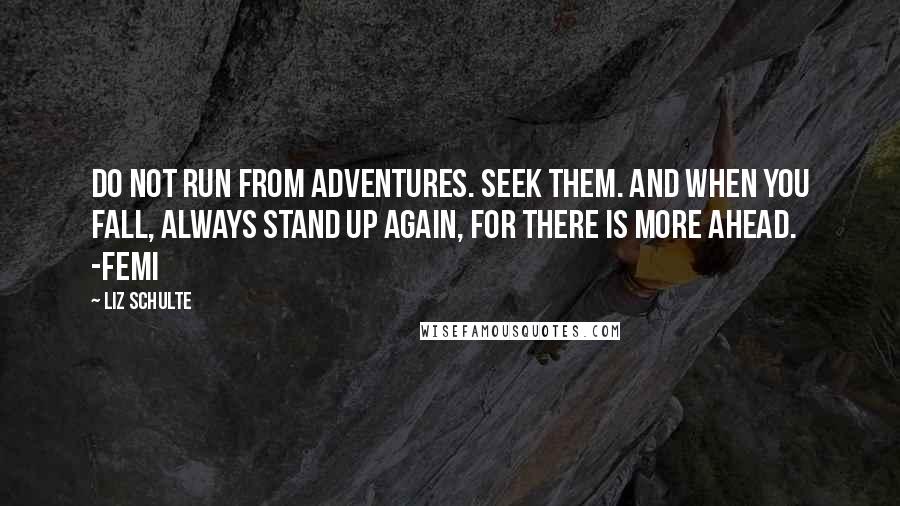 Liz Schulte Quotes: Do not run from adventures. Seek them. And when you fall, always stand up again, for there is more ahead.   -Femi