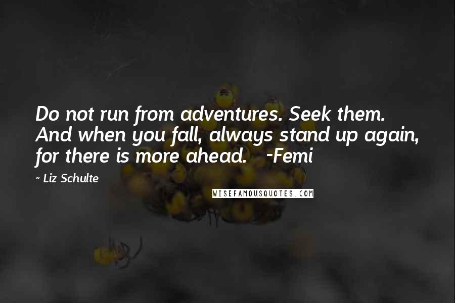 Liz Schulte Quotes: Do not run from adventures. Seek them. And when you fall, always stand up again, for there is more ahead.   -Femi