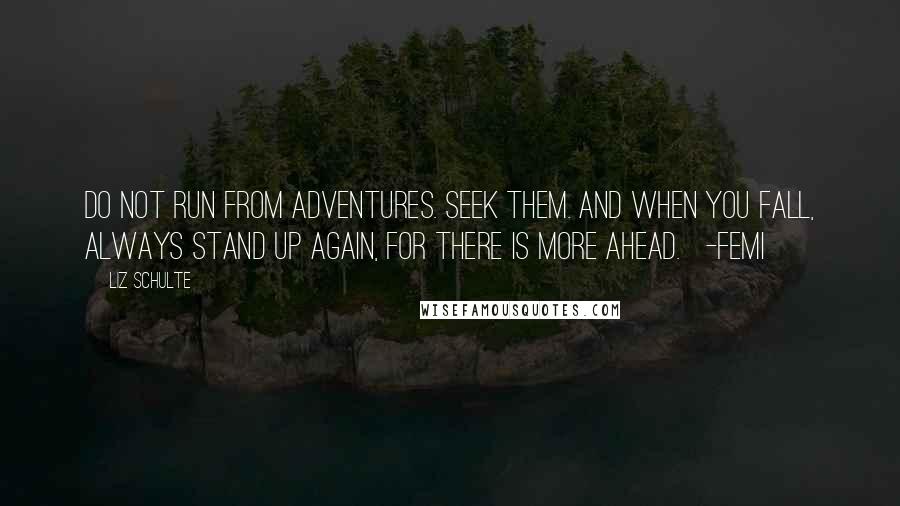 Liz Schulte Quotes: Do not run from adventures. Seek them. And when you fall, always stand up again, for there is more ahead.   -Femi