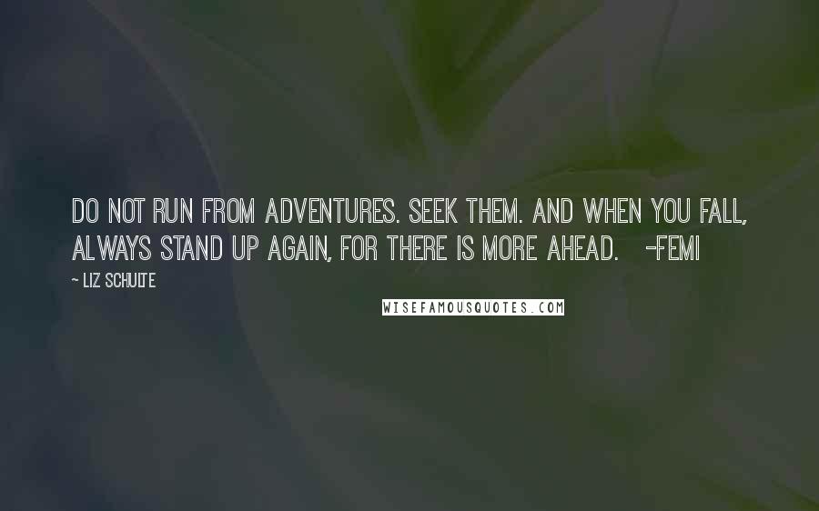 Liz Schulte Quotes: Do not run from adventures. Seek them. And when you fall, always stand up again, for there is more ahead.   -Femi