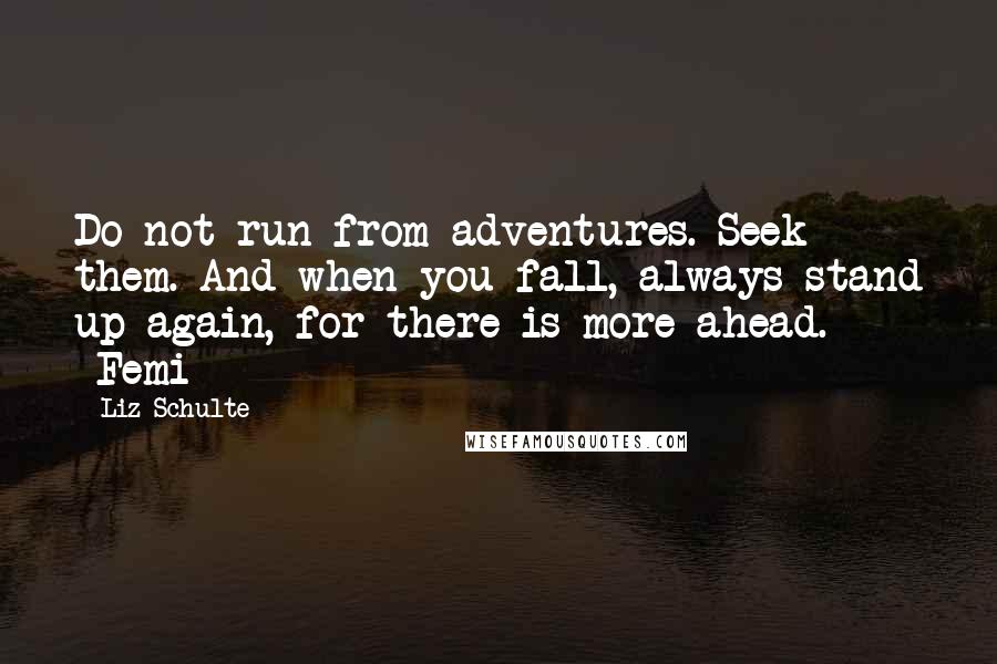 Liz Schulte Quotes: Do not run from adventures. Seek them. And when you fall, always stand up again, for there is more ahead.   -Femi