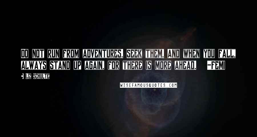 Liz Schulte Quotes: Do not run from adventures. Seek them. And when you fall, always stand up again, for there is more ahead.   -Femi