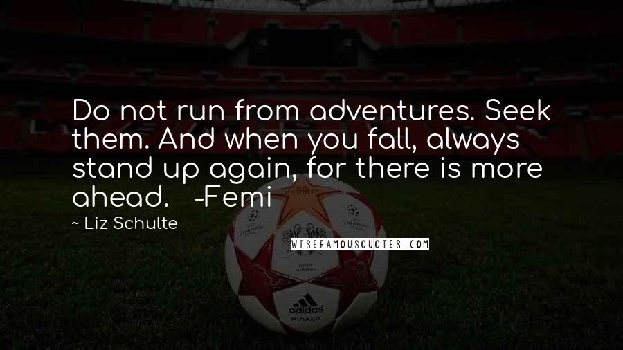 Liz Schulte Quotes: Do not run from adventures. Seek them. And when you fall, always stand up again, for there is more ahead.   -Femi