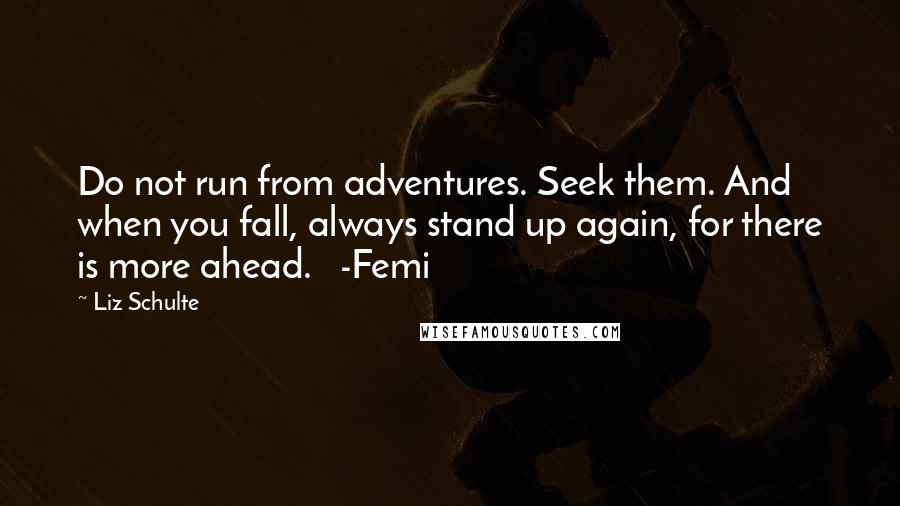 Liz Schulte Quotes: Do not run from adventures. Seek them. And when you fall, always stand up again, for there is more ahead.   -Femi