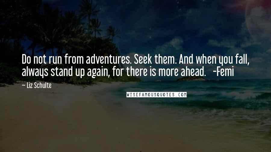 Liz Schulte Quotes: Do not run from adventures. Seek them. And when you fall, always stand up again, for there is more ahead.   -Femi