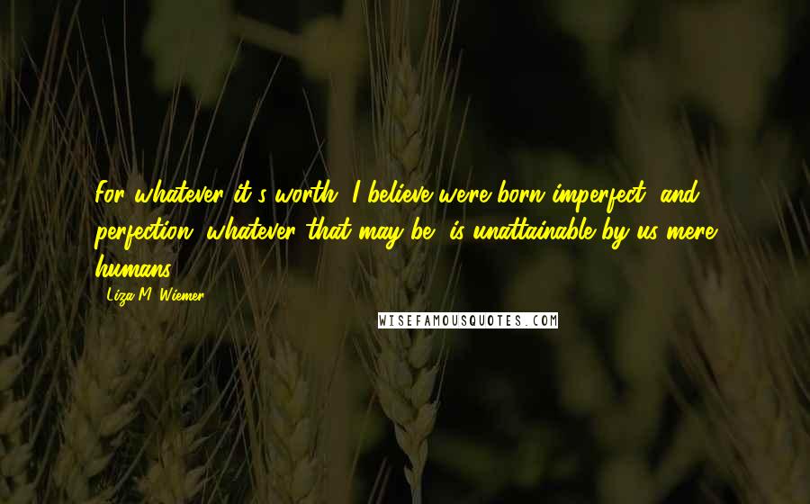 Liza M. Wiemer Quotes: For whatever it's worth, I believe we're born imperfect, and perfection, whatever that may be, is unattainable by us mere humans.