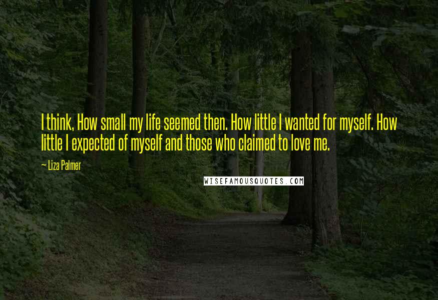 Liza Palmer Quotes: I think, How small my life seemed then. How little I wanted for myself. How little I expected of myself and those who claimed to love me.