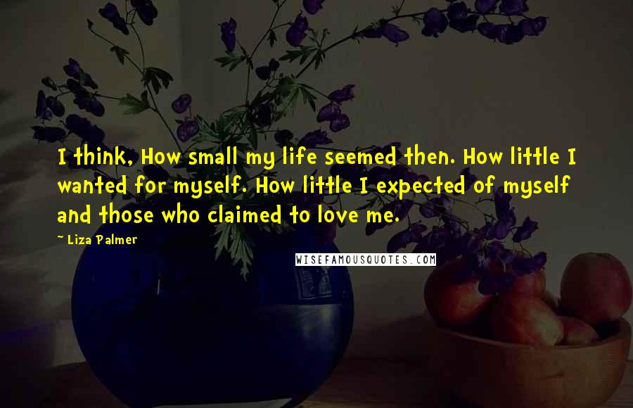Liza Palmer Quotes: I think, How small my life seemed then. How little I wanted for myself. How little I expected of myself and those who claimed to love me.