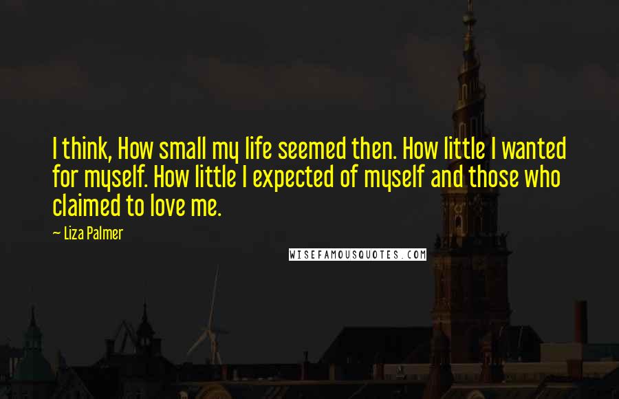 Liza Palmer Quotes: I think, How small my life seemed then. How little I wanted for myself. How little I expected of myself and those who claimed to love me.