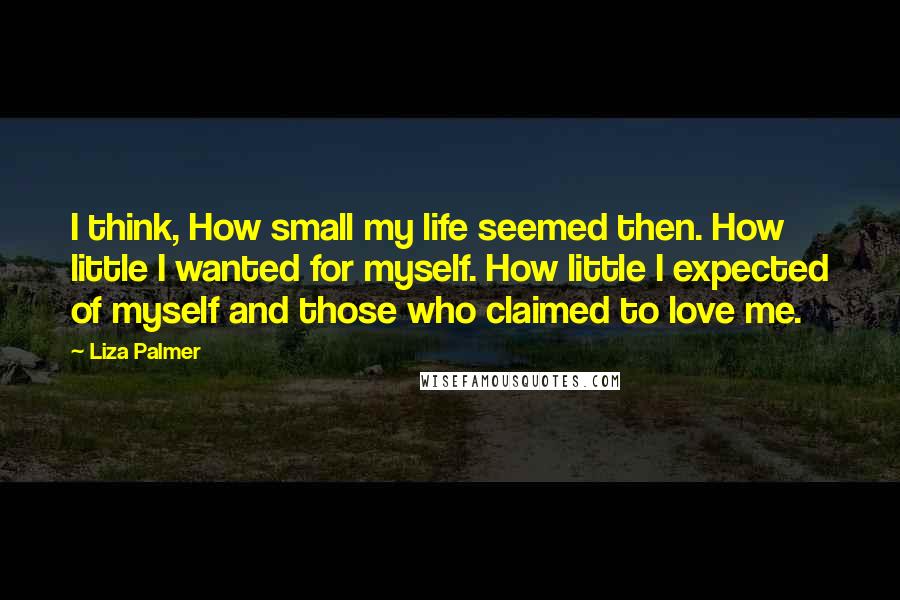 Liza Palmer Quotes: I think, How small my life seemed then. How little I wanted for myself. How little I expected of myself and those who claimed to love me.
