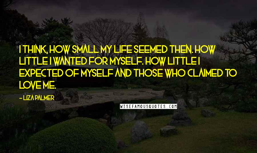Liza Palmer Quotes: I think, How small my life seemed then. How little I wanted for myself. How little I expected of myself and those who claimed to love me.