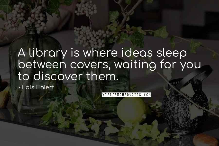 Lois Ehlert Quotes: A library is where ideas sleep between covers, waiting for you to discover them.