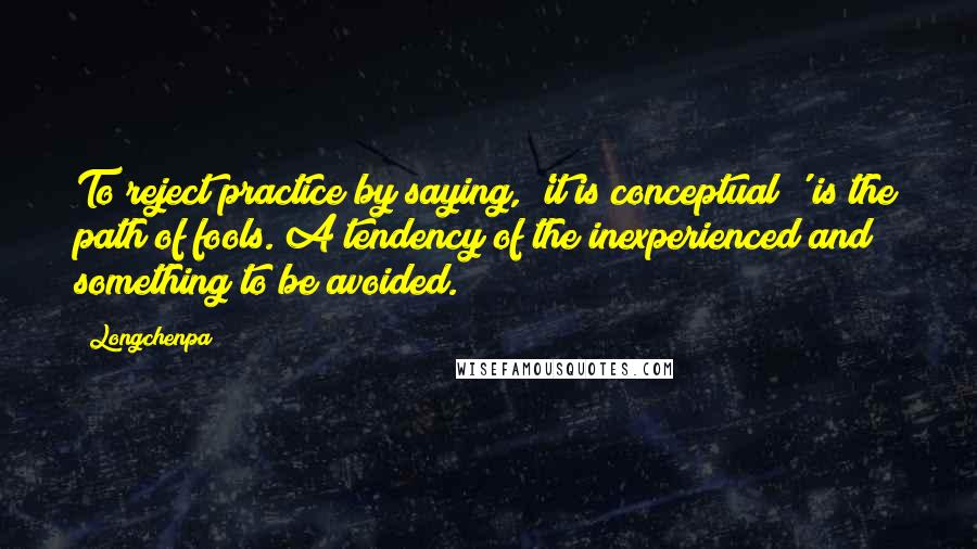 Longchenpa Quotes: To reject practice by saying, 'it is conceptual!' is the path of fools. A tendency of the inexperienced and something to be avoided.