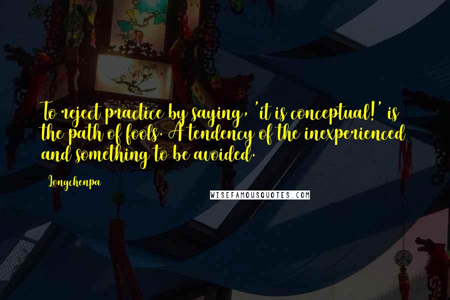 Longchenpa Quotes: To reject practice by saying, 'it is conceptual!' is the path of fools. A tendency of the inexperienced and something to be avoided.