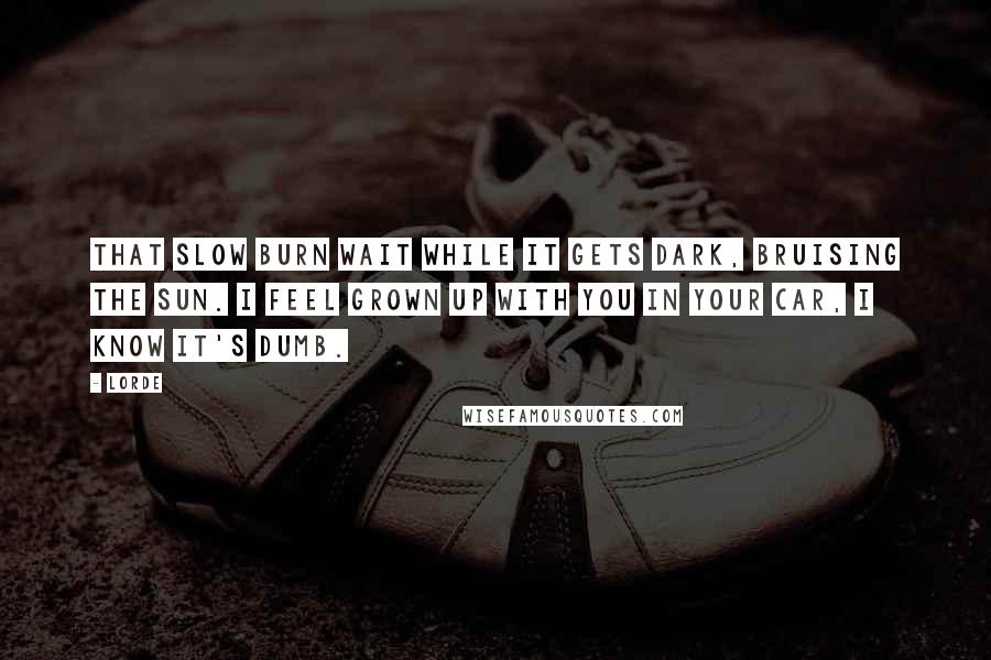 Lorde Quotes: That slow burn wait while it gets dark, bruising the sun. I feel grown up with you in your car, I know it's dumb.