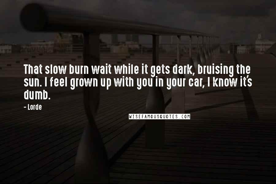 Lorde Quotes: That slow burn wait while it gets dark, bruising the sun. I feel grown up with you in your car, I know it's dumb.