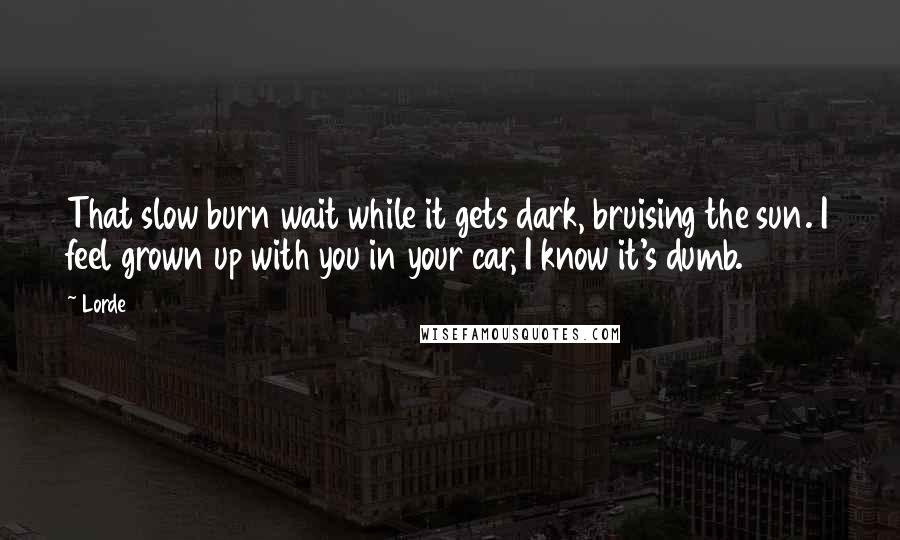 Lorde Quotes: That slow burn wait while it gets dark, bruising the sun. I feel grown up with you in your car, I know it's dumb.