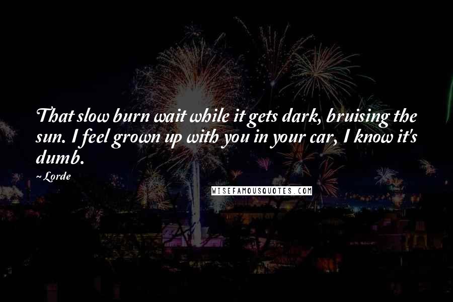 Lorde Quotes: That slow burn wait while it gets dark, bruising the sun. I feel grown up with you in your car, I know it's dumb.