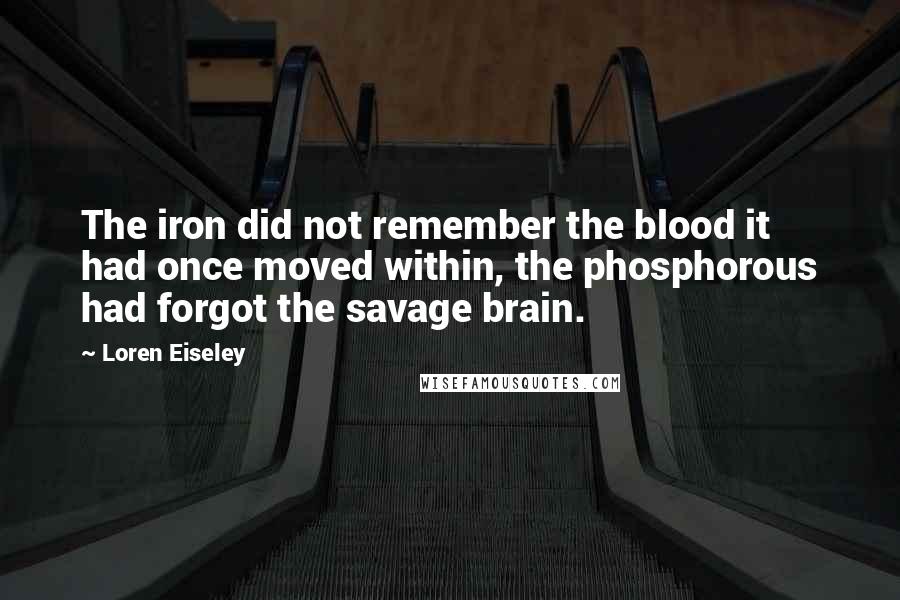 Loren Eiseley Quotes: The iron did not remember the blood it had once moved within, the phosphorous had forgot the savage brain.