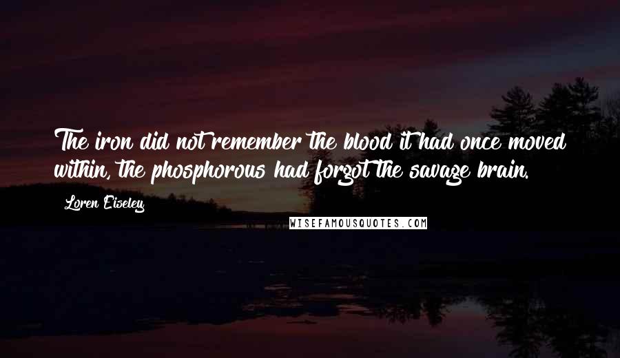 Loren Eiseley Quotes: The iron did not remember the blood it had once moved within, the phosphorous had forgot the savage brain.