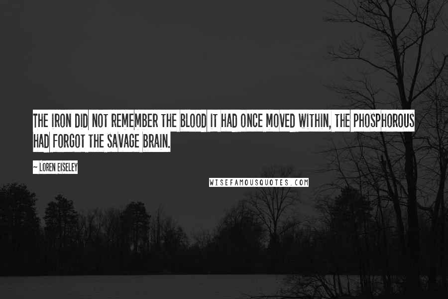 Loren Eiseley Quotes: The iron did not remember the blood it had once moved within, the phosphorous had forgot the savage brain.