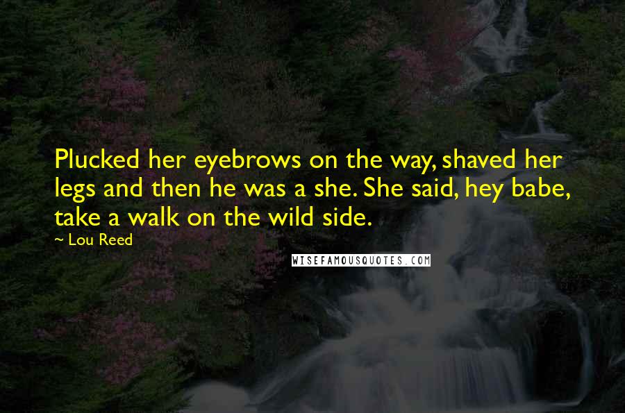 Lou Reed Quotes: Plucked her eyebrows on the way, shaved her legs and then he was a she. She said, hey babe, take a walk on the wild side.