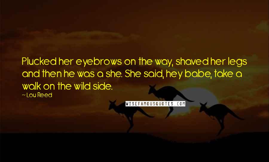 Lou Reed Quotes: Plucked her eyebrows on the way, shaved her legs and then he was a she. She said, hey babe, take a walk on the wild side.