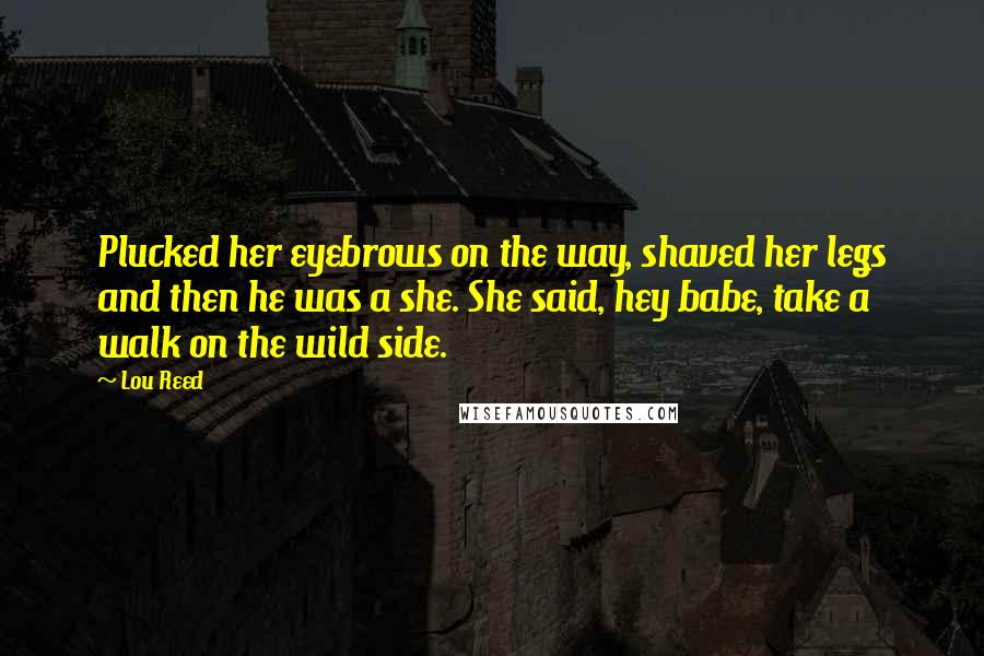 Lou Reed Quotes: Plucked her eyebrows on the way, shaved her legs and then he was a she. She said, hey babe, take a walk on the wild side.