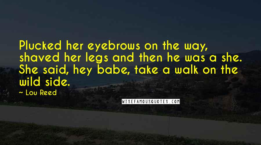 Lou Reed Quotes: Plucked her eyebrows on the way, shaved her legs and then he was a she. She said, hey babe, take a walk on the wild side.