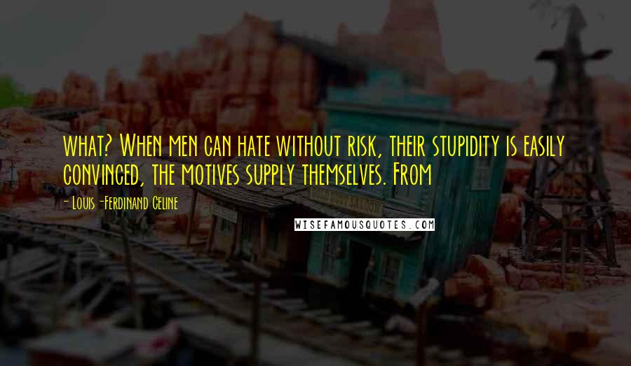 Louis-Ferdinand Celine Quotes: what? When men can hate without risk, their stupidity is easily convinced, the motives supply themselves. From