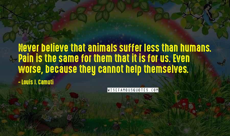 Louis J. Camuti Quotes: Never believe that animals suffer less than humans. Pain is the same for them that it is for us. Even worse, because they cannot help themselves.