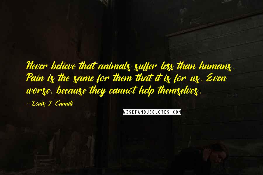 Louis J. Camuti Quotes: Never believe that animals suffer less than humans. Pain is the same for them that it is for us. Even worse, because they cannot help themselves.