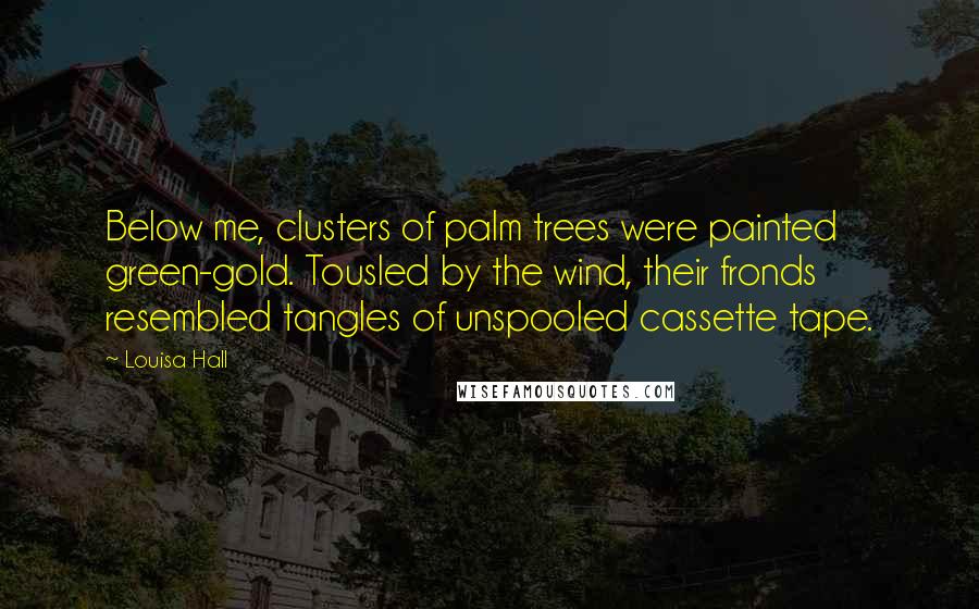 Louisa Hall Quotes: Below me, clusters of palm trees were painted green-gold. Tousled by the wind, their fronds resembled tangles of unspooled cassette tape.