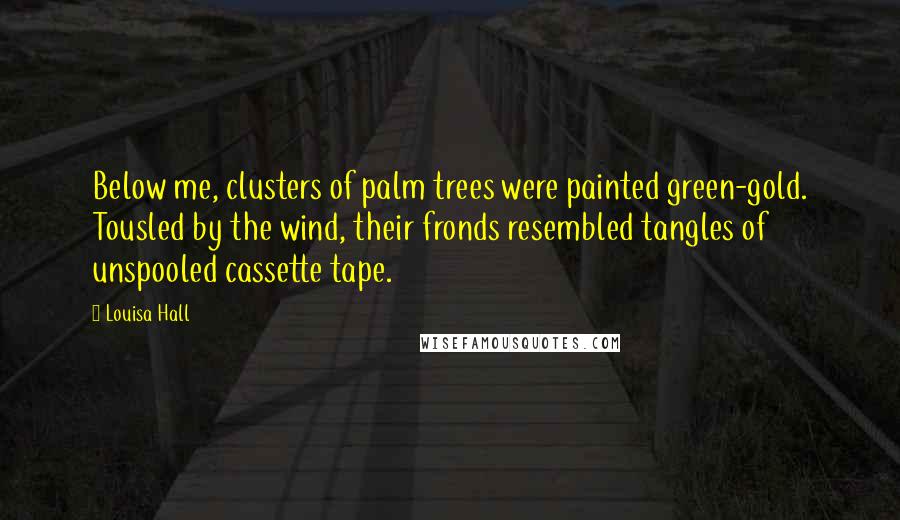 Louisa Hall Quotes: Below me, clusters of palm trees were painted green-gold. Tousled by the wind, their fronds resembled tangles of unspooled cassette tape.