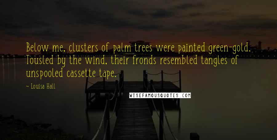 Louisa Hall Quotes: Below me, clusters of palm trees were painted green-gold. Tousled by the wind, their fronds resembled tangles of unspooled cassette tape.