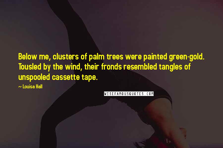 Louisa Hall Quotes: Below me, clusters of palm trees were painted green-gold. Tousled by the wind, their fronds resembled tangles of unspooled cassette tape.