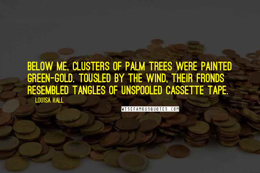 Louisa Hall Quotes: Below me, clusters of palm trees were painted green-gold. Tousled by the wind, their fronds resembled tangles of unspooled cassette tape.