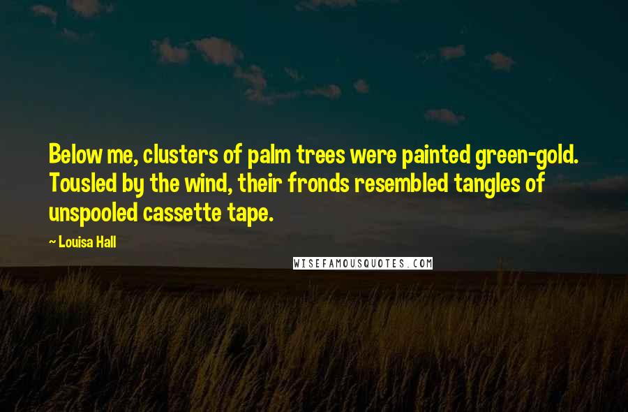 Louisa Hall Quotes: Below me, clusters of palm trees were painted green-gold. Tousled by the wind, their fronds resembled tangles of unspooled cassette tape.