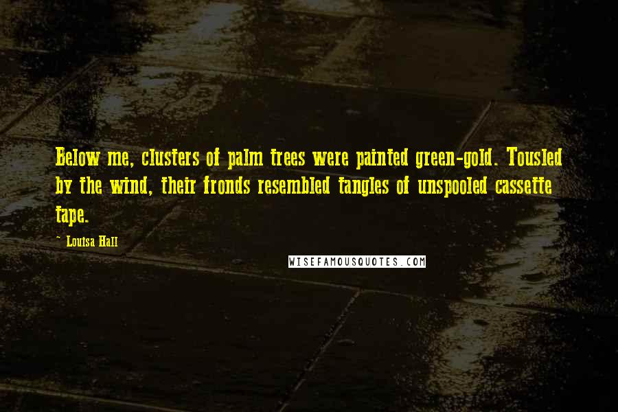 Louisa Hall Quotes: Below me, clusters of palm trees were painted green-gold. Tousled by the wind, their fronds resembled tangles of unspooled cassette tape.