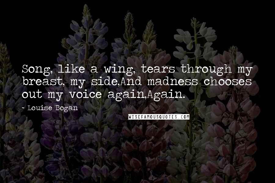 Louise Bogan Quotes: Song, like a wing, tears through my breast, my side,And madness chooses out my voice again,Again.