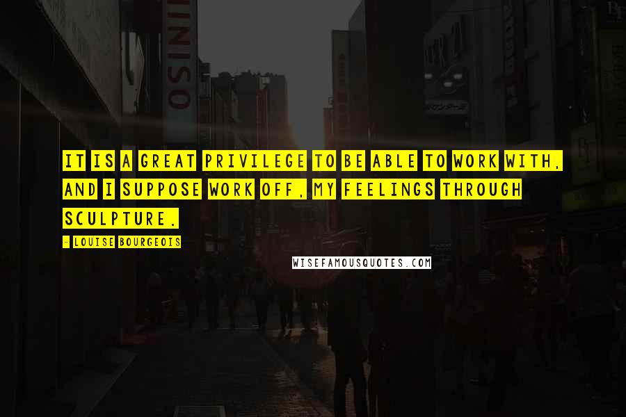 Louise Bourgeois Quotes: It is a great privilege to be able to work with, and I suppose work off, my feelings through sculpture.